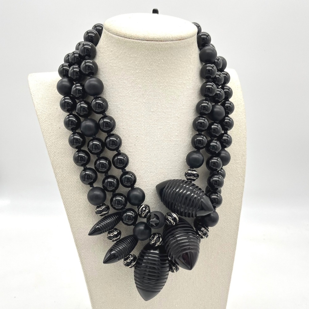 Black Resin Triple Strand Statement Necklace Monies Style Chunky Ribbed Beads